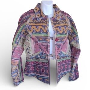 TREADLE DESIGN ROOM purple tapestry jacket raglan sleeves, funky buttons S EUC